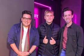 Robbie (centre) with semi-final judges David O’Reilly (left), West End actor/Benidorm TV show and Patrick George, currently on tour as principal character in The Book of Mormon.