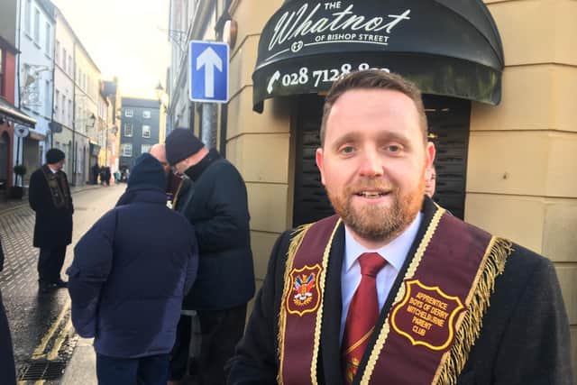 Junior Executive Minister Gary Middleton at the Apprentice Boys Lundy parade in Londonderry today.