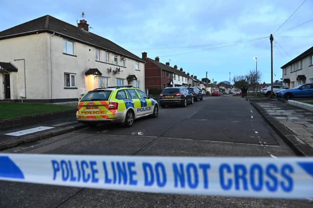 Police at the scene of a collision involving a car and a pedestrian in the Green Drive area of Larne. Picture:  Colm Lenaghan/Pacemaker