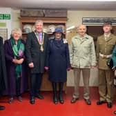 Pictured at Garvagh Museum are Desmond Hill, Deputy Lieutenant of County Londonderry, Pearl Hutchinson, the Mayor of Causeway Coast and Glens Borough Council Councillor Richard Holmes, Lord-Lieutenant of County Londonderry Mrs Alison Millar, George McIlroy, Cadet Sergeant Joshua Durnian and RBL Chairman Ian Davidson