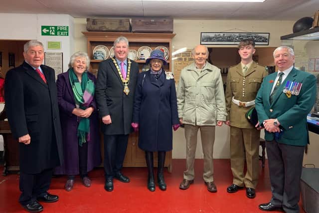 Pictured at Garvagh Museum are Desmond Hill, Deputy Lieutenant of County Londonderry, Pearl Hutchinson, the Mayor of Causeway Coast and Glens Borough Council Councillor Richard Holmes, Lord-Lieutenant of County Londonderry Mrs Alison Millar, George McIlroy, Cadet Sergeant Joshua Durnian and RBL Chairman Ian Davidson