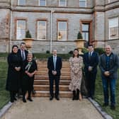 At the official opening of Magheramorne Estate are Sara Allen , David Allen, Jane Allen, Minister Gordon Lyons, Katherine Allen James Allen and Rory Best OBE.