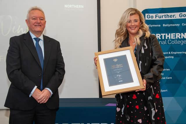 FE Lecturer of the Year Fiona Coulter with Bill McCluggage, Chair of Audit and Risk Committee