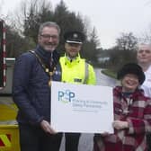 Pictured with the Mayor are (L-R) T/Chief Inspector David Gray PSNI, Superintendent Michael Simpson PSNI, Mary Watson Vice-Chair MEA PCSP and Alan Barr Station Commander NIFRS in Ballymena.