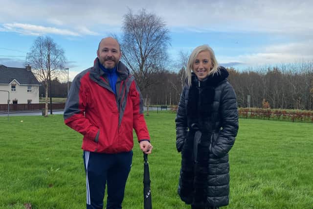 Portadown DUP Cllr Darryn Causby with Upper Bann MP Carla Lockhart at the proposed site of a new play park in the Birches.