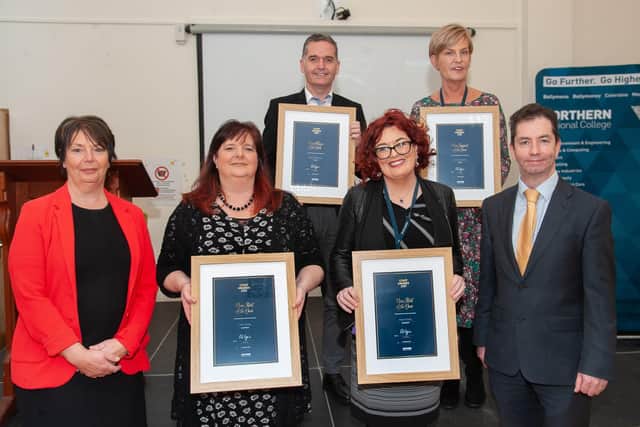 Award winners pictured with Mel Higgins, Principal & Chief Executive and Christine Brown, VP Teaching & Learning: Team Player of the Year, Frankie McEldowney; Peer Support of the Year, Jennifer McFadden; and Joint New Start of the Year, Nicola Quigg (Ballymena NRC)  and Meabh O’Reilly.