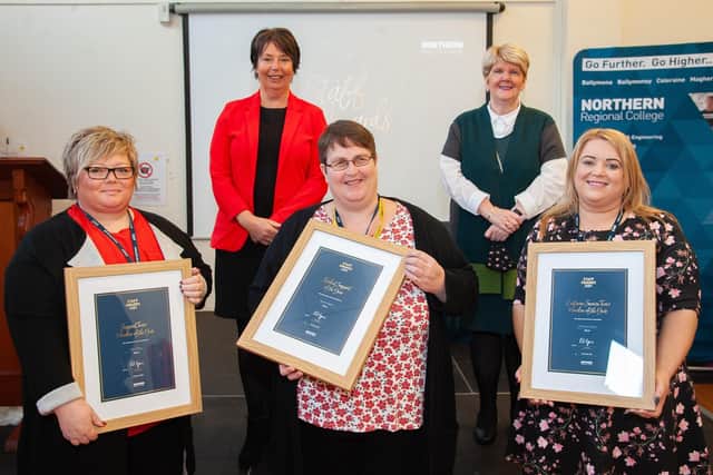 Support Team Member of the Year:  Kerry Reilly; Student Support of the Year, Sarah Caddick; and Customer Service Team Member of the Year, Fionnuala Devlin with Christine Brown (NRC Ballymena) , VP Teaching & Learning and Yvonne Mallon, member of the College’s Governing Body.