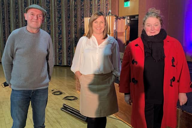 Pictured L-R, Stuart Paterson, Angeline King, Anne McMaster took part in the ‘Bards by the Bann’ event which included a series of readings by known poets, accompanied by recitations of work carried out by pupils from Coleraine College as part of Ulster University’s Rhyming Weaver Project