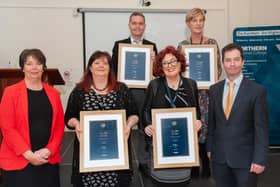 Award winners pictured with Mel Higgins, Principal and Chief Executive and Christine Brown, VP Teaching and Learning: Team Player of the Year, Frankie McEldowney; Peer Support of the Year, Jennifer McFadden; and Joint New Start of the Year, Nicola Quigg and Meabh O’Reilly.