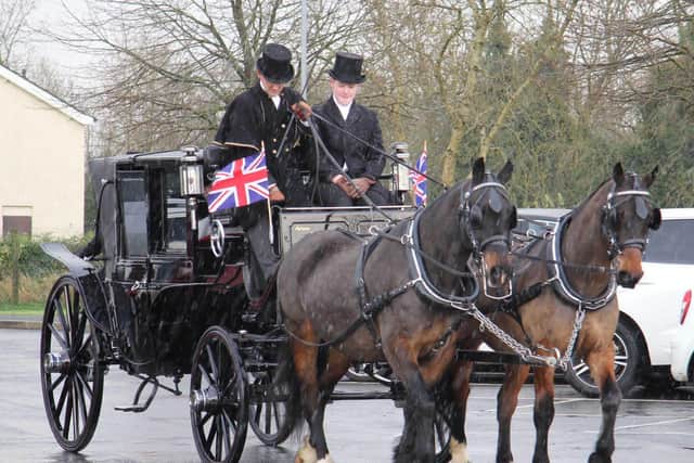 Baroness Hoey arrived at Loanends Primary School in a horse drawn carriage.