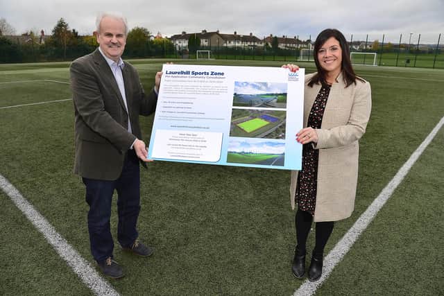Councillor Thomas Beckett, Vice Chair of the Leisure & Community Development Committee and Councillor Sharon Lowry, Chair of the Capital Projects Committee launch the public consultation for Laurelhill Sports Zone.