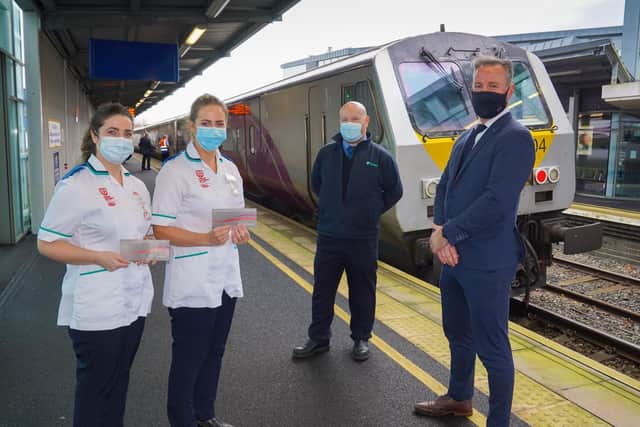 Translink has praised the heroic actions of NHS staff who went to the aid of a passenger who had taken ill on board a train near Portadown recently. Midwifery students Paula Holland and Karen Keeley have been presented with return Enterprise travel to Dublin by Translink’s Hilton Parr and Jonathan Atkinson, the conductor who was on board the train.