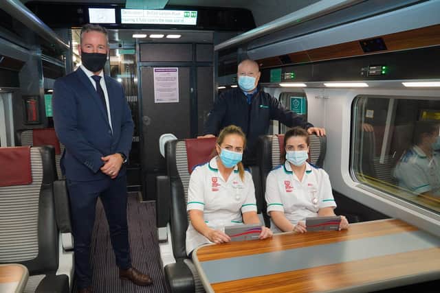 Translink has praised the heroic actions of NHS staff who went to the aid of a passenger who had taken ill on board a train near Portadown recently. Midwifery students Karen Keeley and Paula Holland have been presented with return Enterprise travel to Dublin by Translink’s Hilton Parr and Jonathan Atkinson, the conductor who was on board the train.