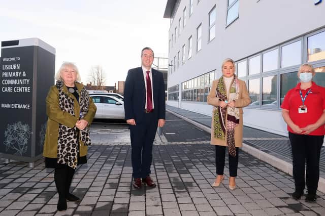 Pictured (l-r) are Head of Vaccination Programme Patricia Donnelly, First Minister Paul Givan, deputy First Minister Michelle O'Neill and Lead Nurse Pauline Wilson. Photo by Jonathan Porter / Press Eye.