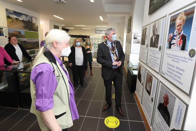 The Mayor of Causeway Coast and Glens Borough Council, Councillor Richard Holmes pictured at the opening of the NI100 - Influencers from the Roe Valley’ Exhibition with members of Roe Valley Ancestral Researchers