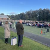 Terry Shields addresses King's Park Primary School at an outdoor assembly to mark his retirement