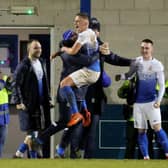 Matthew Snoddy embraces manager Gary Hamilton following his late winner for Glenavon