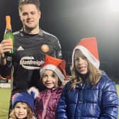 Jethren Barr with his Portadown Supporters’ Society ‘Man-of-the-Match’ award presented by Phoebe, Violet and Margot Dunlop on behalf of sponsors Portadown Driving School. Pic courtesy of Portadown FC