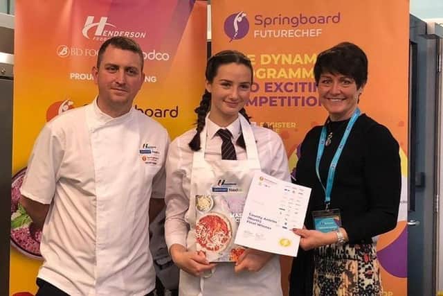 FutureChef competition finalist Olivia Drain from Ballymena Academy is pictured with mentor Chef Chris Bell, plus Caitriona Lennox from Springboard and Geoff Baird, Business Development Chef at Henderson Foodservice, sponsors of the competition. Olivia won her regional heat and will now progress to the NI Finals in February under the mentorship of Chef Chris, where celebrity chef Jean-Christophe Novelli will be Head Judge.