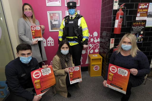 Pictured at Milestone Supermarket in Rathfriland (L-R): Christopher Hynes (Milestone Off Sales Manager), Aisling Gillespie (ABC PCSP Project Coordinator), Sherene Reynolds (Southern Drugs & Alcohol Connections Team) Constable Boyce (PSNI) and Councillor Jill Macauley (ABC PCSP Chair). ©Edward Byrne Photography
