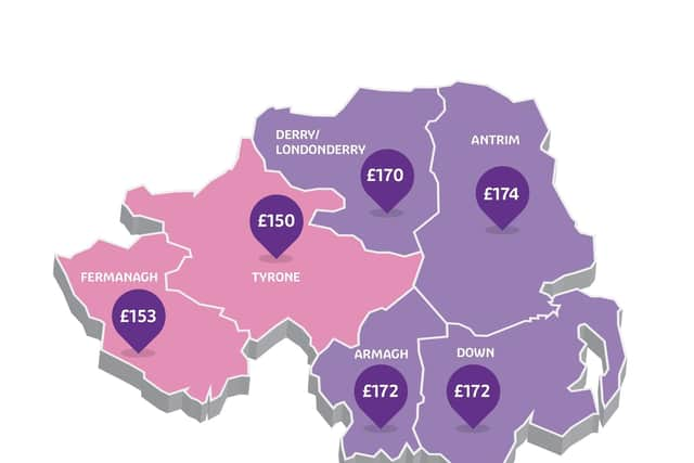 Average weekly cost of a full time childcare place by county