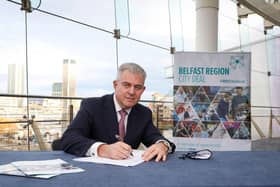 Secretary of State Brandon Lewis at the ICC Belfast. 
Picture Matt Mackey / Press Eye