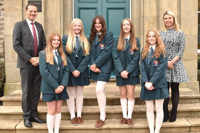 ‘The Farming Five’- Alex Rowan, Lilia McKinney, Lucy Williams, Kerry Crothers, Charlotte Hull with Miss Kirsty Jess and Mr Robin McLoughlin OBE