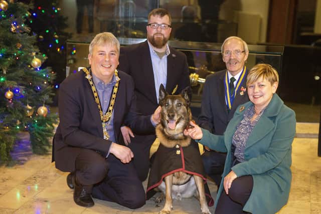 Retired military dog Zadar pictured with his owner during his visit to Cloonavin where he was welcomed by the Mayor of Causeway Coast and Glens Borough Council Councillor Richard Holmes, Council’s Veterans’ Champion Alderman Sharon McKillop and Bill Mills from Coleraine Royal British Legion