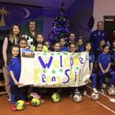 The Northern Ireland manager was welcomed to Abbots Cross Primary.