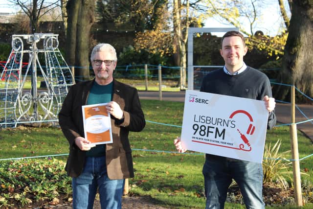 Lisburn’s 98FM presenter Davy Sims, an experienced and successful broadcasters won Bronze in the Specialist Music category for his Around the World show at the Community Radio Awards.  The show is broadcast every Tuesday at 7pm on the network of stations supported by SERC, Lisburn’s 98FM, Bangor FM and FM105 Down Community Radio. Left to right, Davy Sims with Michael Clarke, Lisburn’s 98FM station manager