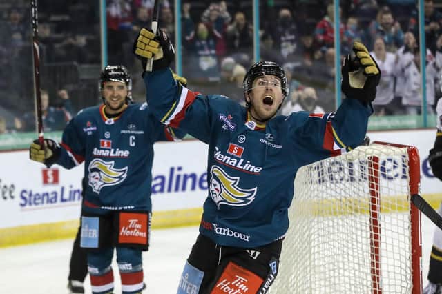 Belfast Giants’ Scott Conway celebrates scoring his hat-trick against the Nottingham Panthers