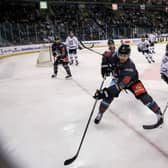 Belfast Giants’ Ben Lake with Manchester Storm’s Jared Vanwormer during an Elite Ice Hockey League game at the SSE Arena in Belfast