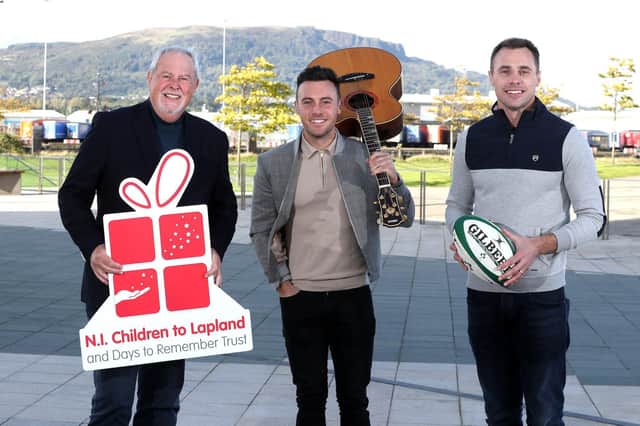 Northern Ireland Children to Lapland and Days to Remember Trust President, television broadcaster, Gerry Kelly with two of the charity’s new ambassadors - Ireland’s number one country singing star Nathan Carter and former Ulster, Ireland and British and Irish Lions rugby ace Tommy Bowe.  Photos by Declan Roughan Photography