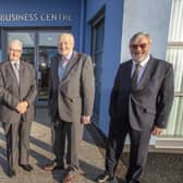 Arthur Henderson MBE and Roy Beggs MBE with Dr Norman Aspley OBE, chair and  Ken Nelson MBE, chief executive, Ledcom.