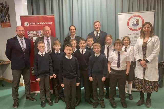 Fairview Primary pupils at the launch of Stem Enthuse with Mr McAllister, vice principal Fariview, Maurice Girvan Stem Hub NI, Ballyclare High School Principal Dr Rainey, Mr G Shaw teacher in charge of Enthuse and Mrs K Young Stem Ambassador Scheme.