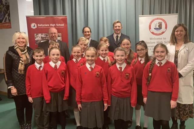 Ballyclare Primary School pupils at the launch of Stem Enthuse with Mrs Mulligan Principal Ballyclare Primary, Maurice Girvan Stem Hub NI, Ballyclare High School Principal Dr Rainey, Mr G Shaw teacher in charge of Enthuse and Mrs K Young Stem Ambassador Scheme.