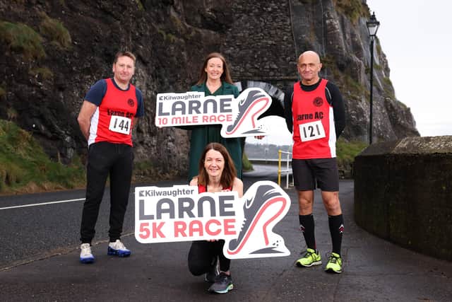 Caroline Rowley (Head of Business Development at Kilwaughter Minerals) with Larne Athletic Chairman William Thompson and club members at the offical launch of the new races.