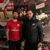 Martin Connon with Larne FC manager Tiernan Lynch.