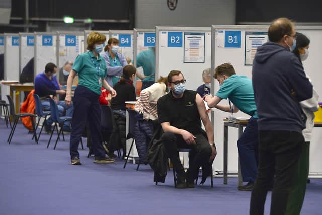 The mass vaccination centre at the Titanic Exhibition Centre in Belfast as the rollout of Covid-19 boosters accelerates.
Picture: Arthur Allison/Pacemaker Press.