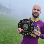 Dollingstown goalkeeper Gareth Buchanan was voted winner of the 'Man-of-the-Match' award during Bob Radcliffe Cup final success in Loughgall over Armagh City. Pic courtesy of Dollingstown FC.