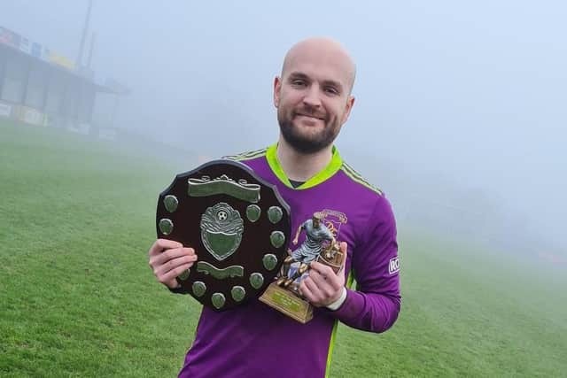 Dollingstown goalkeeper Gareth Buchanan was voted winner of the 'Man-of-the-Match' award during Bob Radcliffe Cup final success in Loughgall over Armagh City. Pic courtesy of Dollingstown FC.