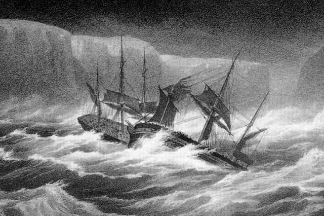 The dramatic collision of Erebus and Terror while trying to avoid icebergs in the Southern Ocean, 1842