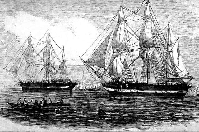 Erebus and Terror on London’s River Thames in May 1845, preparing to sail on the ill-fated North West Passage expedition