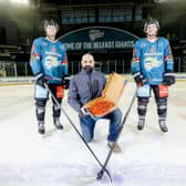 The Stena Line Belfast Giants celebrate a partnership with Four Star Pizza for the 2021/22 season. At Belfast Giants home games, Four Star Pizza will be providing free pizzas to fans that make the most noise in the stands at The SSE Arena. Included with Scott Higginson (Four Star Pizza store owner, centre) are Belfast Giants’ Jeff Baum and Slater Doggett