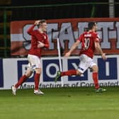 Larne's David McDaid celebrates his goal against Glentoran. Pic Colm Lenaghan/Pacemaker