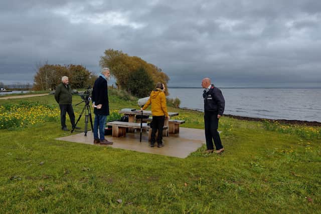 Colin Ross, Larry Cowan and Thomas Pollock of Lamb Films, interviewing Maynard Cousley of NI Water on the shores of Lough Neagh, for a short film about the Lough and its shoreline which will be released in the new year. www.loughneaghpartnership.org