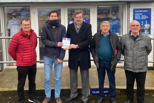 A Sports Journalist from Ukraine, who has connections with Dynamo Kiev
(Coleraine's first ever opponents in Europe - 1965) came to Coleraine Showgrounds recently to do a film interview with Hunter McClelland on that historic game. In the photo are Johnny McCurdy and Ivan Murray (who played that game) and Freddie Monahan, who also attended the match. Photo by Clement Dealey