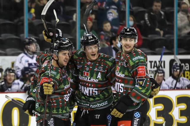 Belfast Giants’ David Goodwin celebrates scoring against the Dundee Stars during last Friday’s Elite Ice Hockey League game at the SSE Arena