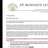 Letter sent to parents and carers of pupils at St Ronan's College in Lurgan, Co Armagh today January 6, 2022.