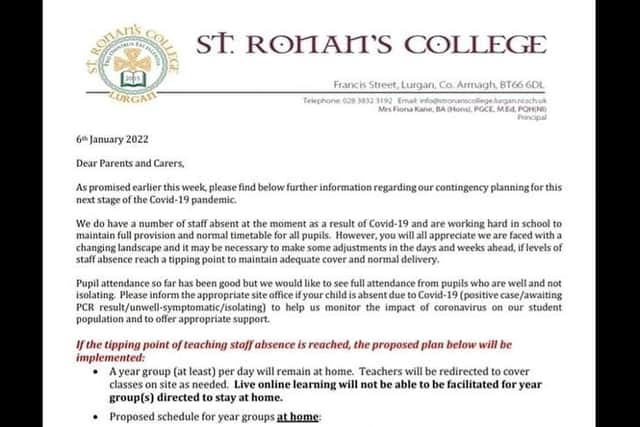 Letter sent to parents and carers of pupils at St Ronan's College in Lurgan, Co Armagh today January 6, 2022.
